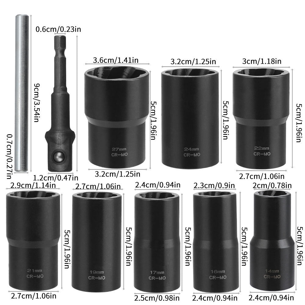 10Damaged Rusty Nut Tire Screw Extractor Removal Tool Large Extended Socket Set Anti-Thread