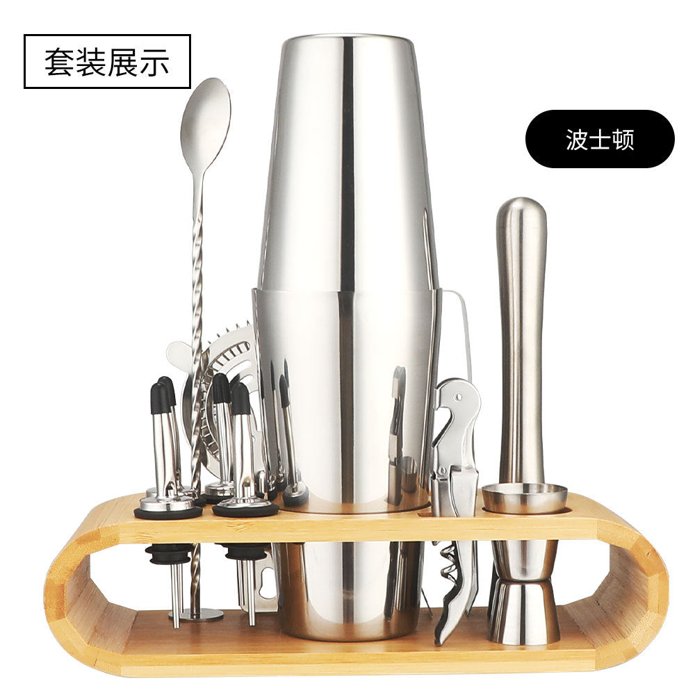 Cocktail shaker set of 12PCs stainless steel elliptical bamboo rack