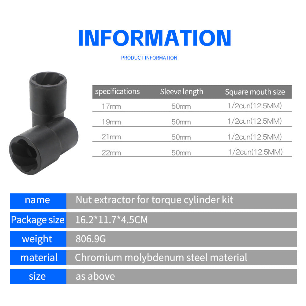 Torque Socket Set Worn Nuts and Locks Remover17,19,21,22mm  Broken Wire Extractor