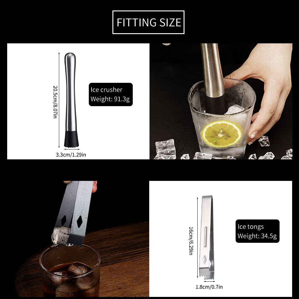 Cocktail shaker set of 12PCs stainless steel elliptical bamboo rack