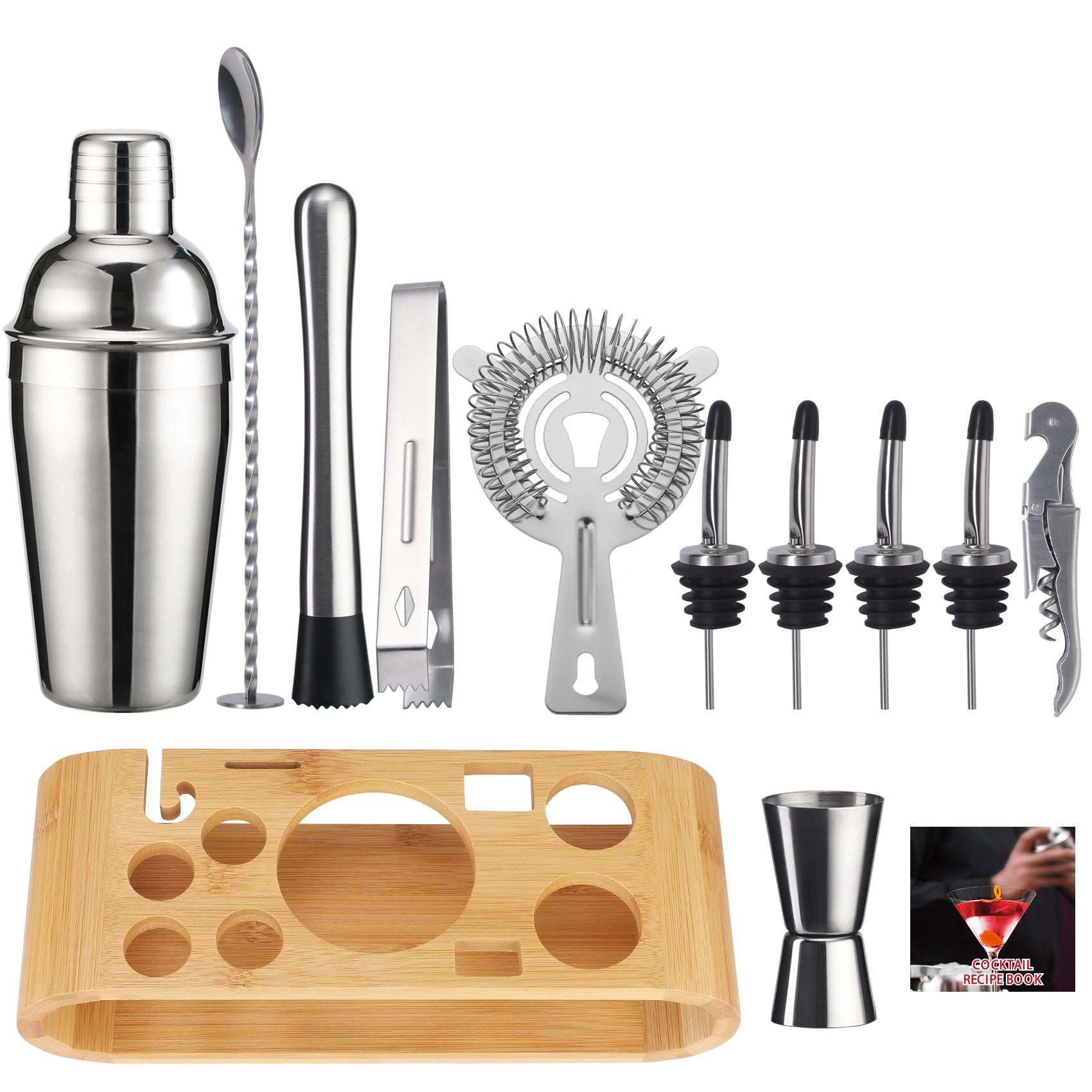 Cocktail shaker set of 12PCs stainless steel elliptical bamboo rack