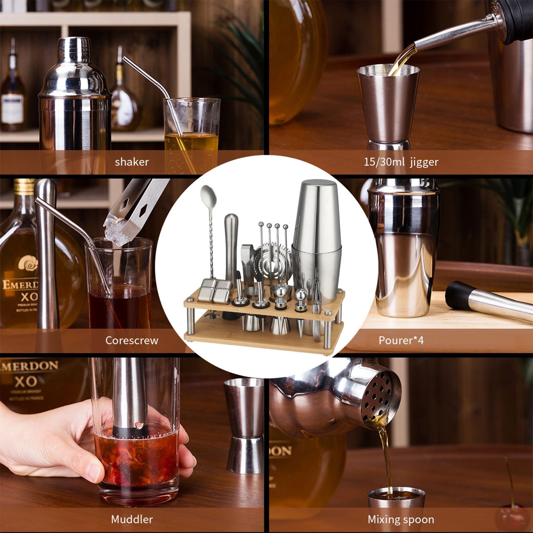 Cross-Border In-Stock New Detachable Bamboo Rack Cocktail Shaker Bar Tools 20-Piece Set with Wine Stones