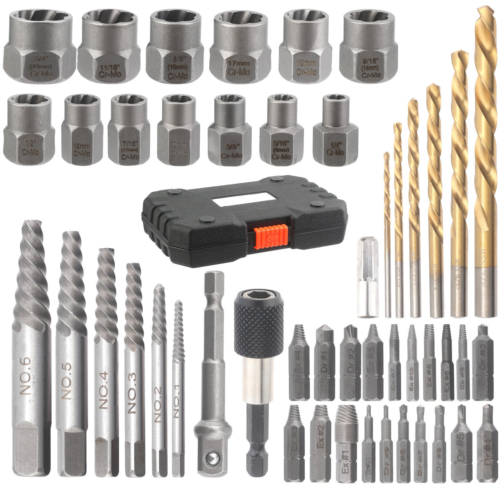 48pc Nut Extractor Screw Extractor Left-Handed Twist Drill Disassembly Tool Sliding Nut Remover Set