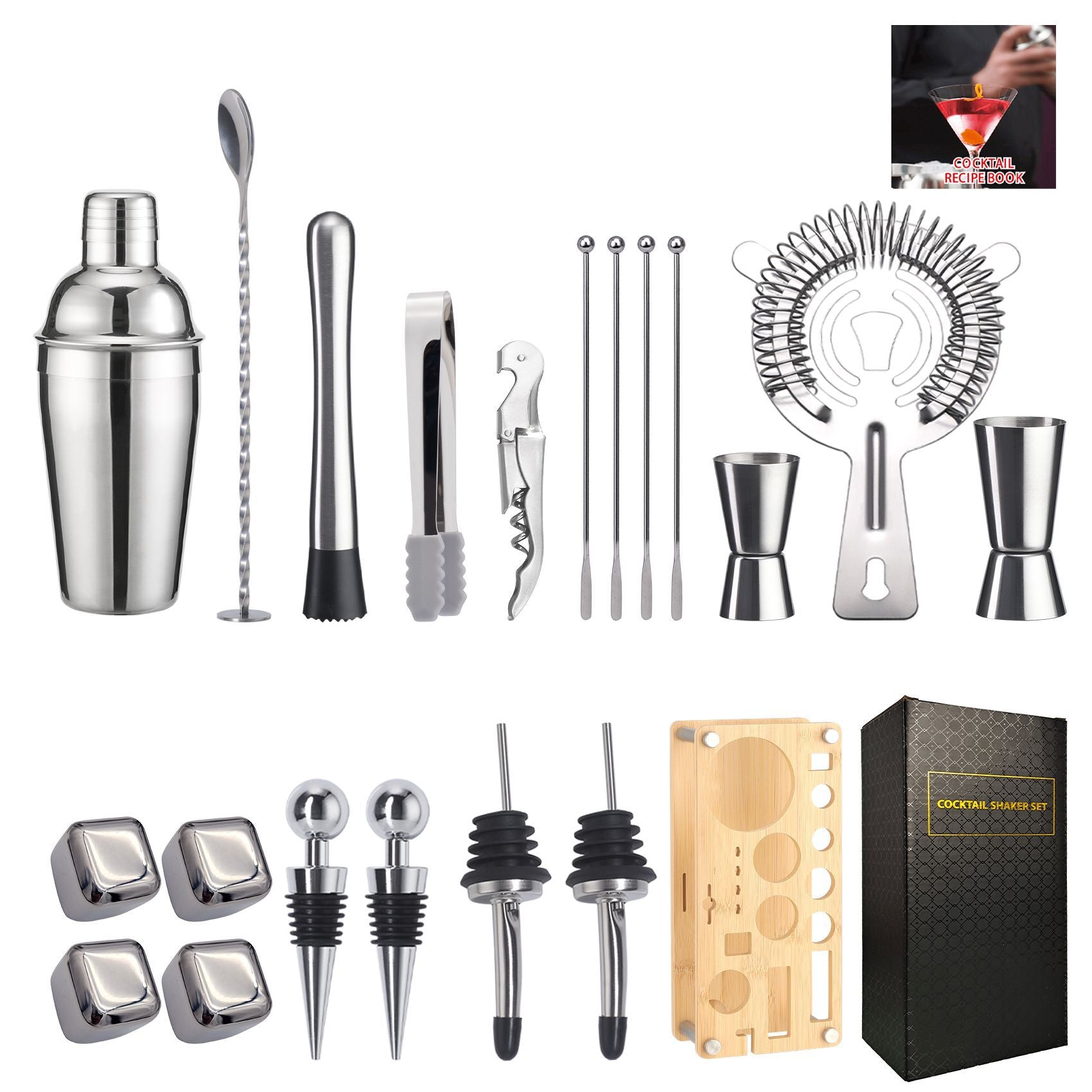 Cross-Border In-Stock New Detachable Bamboo Rack Cocktail Shaker Bar Tools 20-Piece Set with Wine Stones