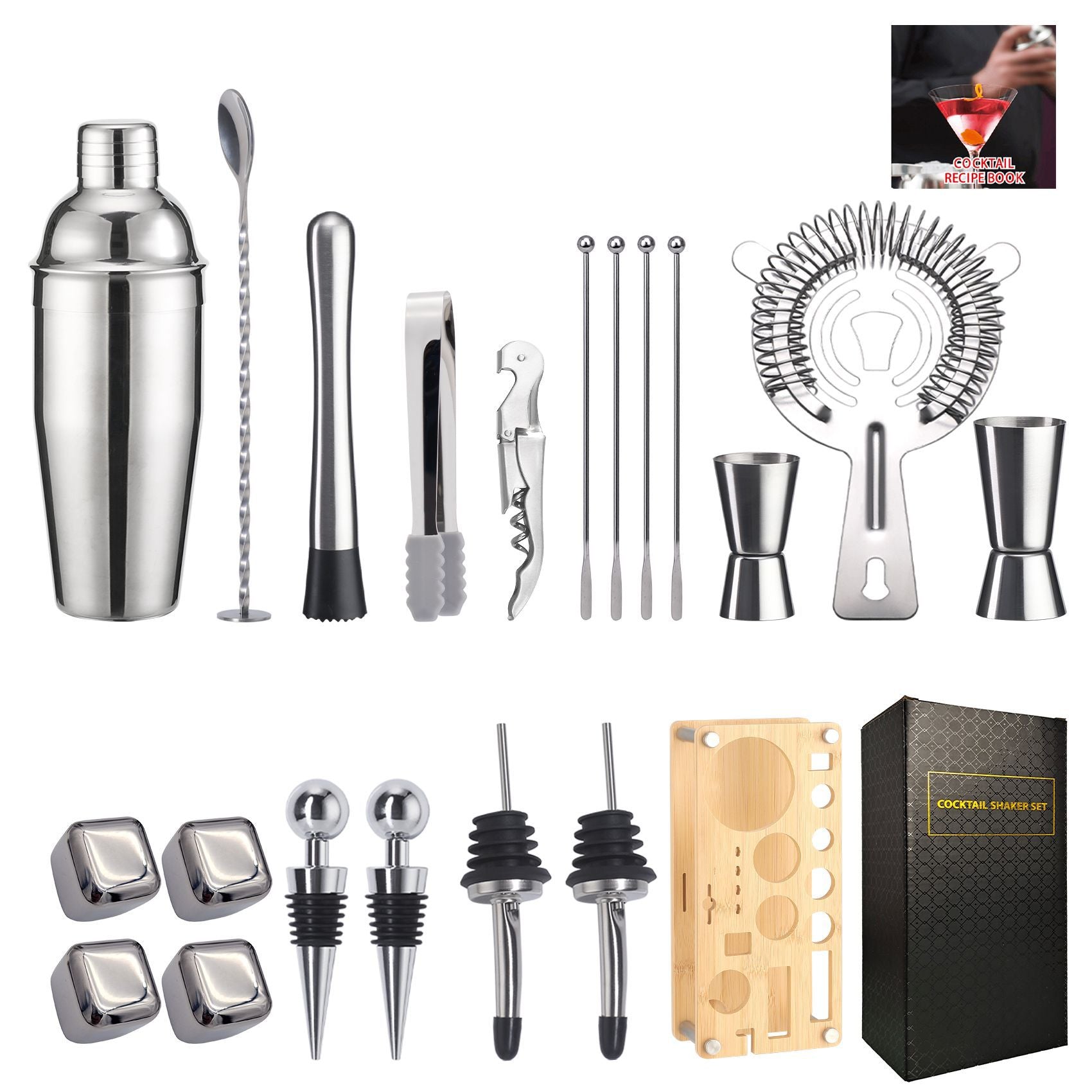 Cross-Border In-Stock New Detachable Bamboo Rack Cocktail Shaker Bar Tools 20-Piece Set with Wine Stones