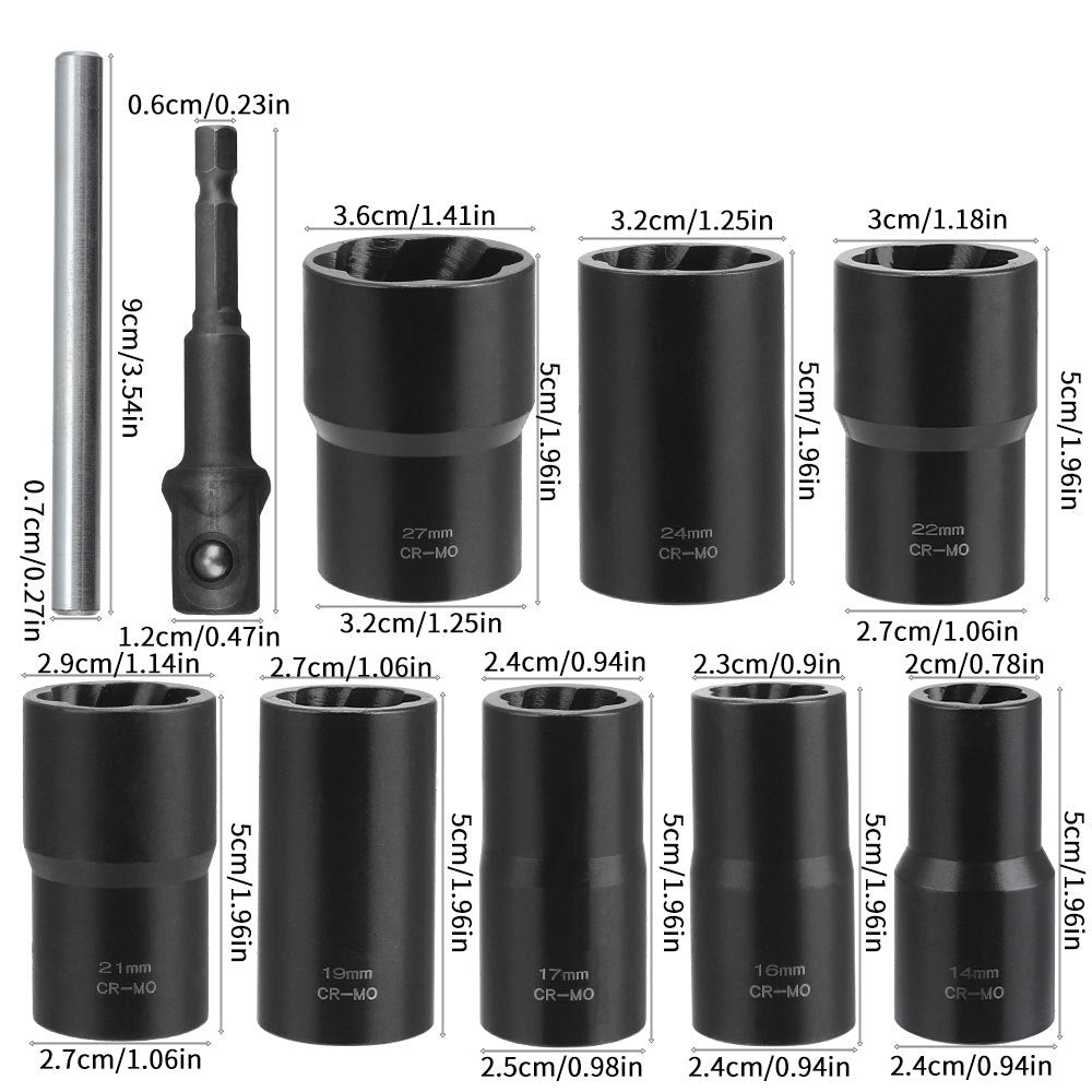 10Damaged Rusty Nut Tire Screw Extractor Removal Tool Large Extended Socket Set Anti-Thread