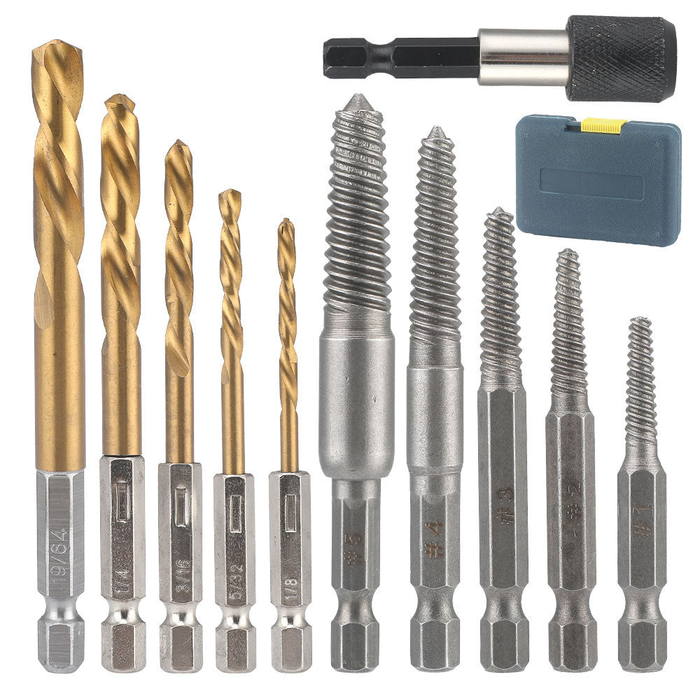 Hex Shank Screw Extractor Set, Inch Hex Shank Titanium Coated Twist Drill Bit Set, Reverse Thread Extractor Set