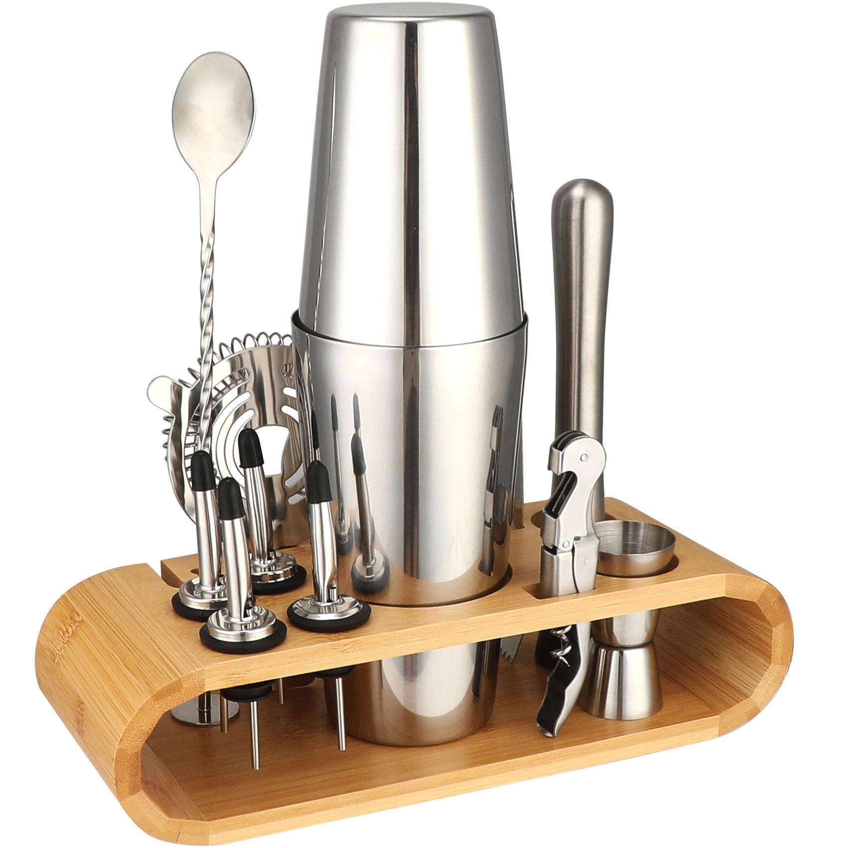 Cocktail shaker set of 12PCs stainless steel elliptical bamboo rack