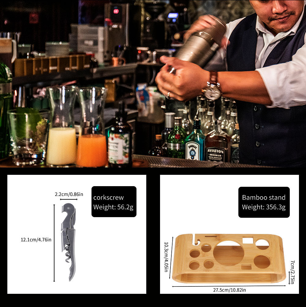 Cocktail shaker set of 12PCs stainless steel elliptical bamboo rack