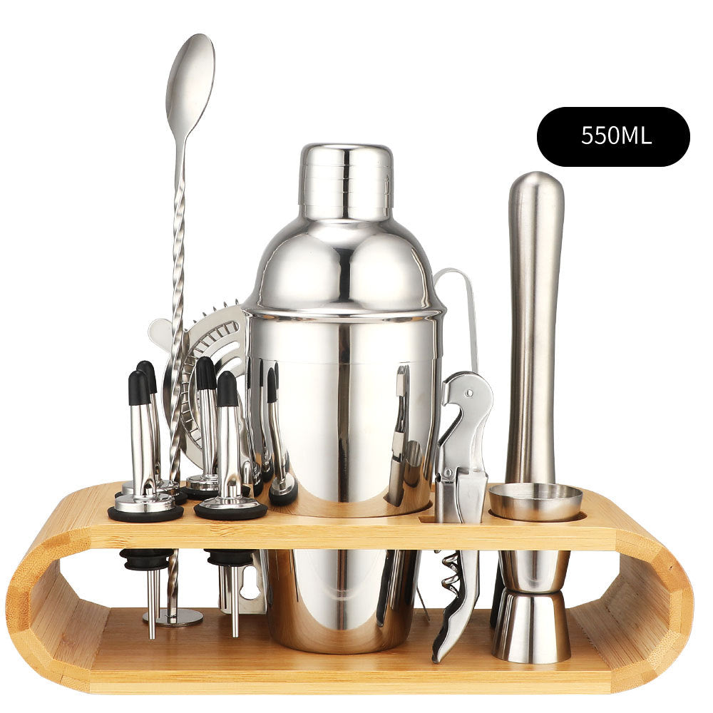 Cocktail shaker set of 12PCs stainless steel elliptical bamboo rack