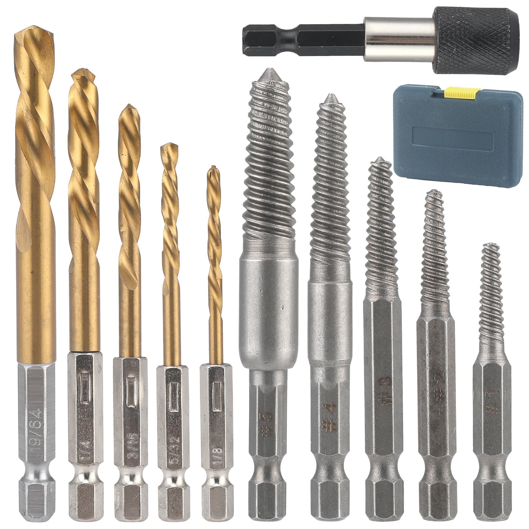 Hex Shank Screw Extractor Set, Inch Hex Shank Titanium Coated Twist Drill Bit Set, Reverse Thread Extractor Set
