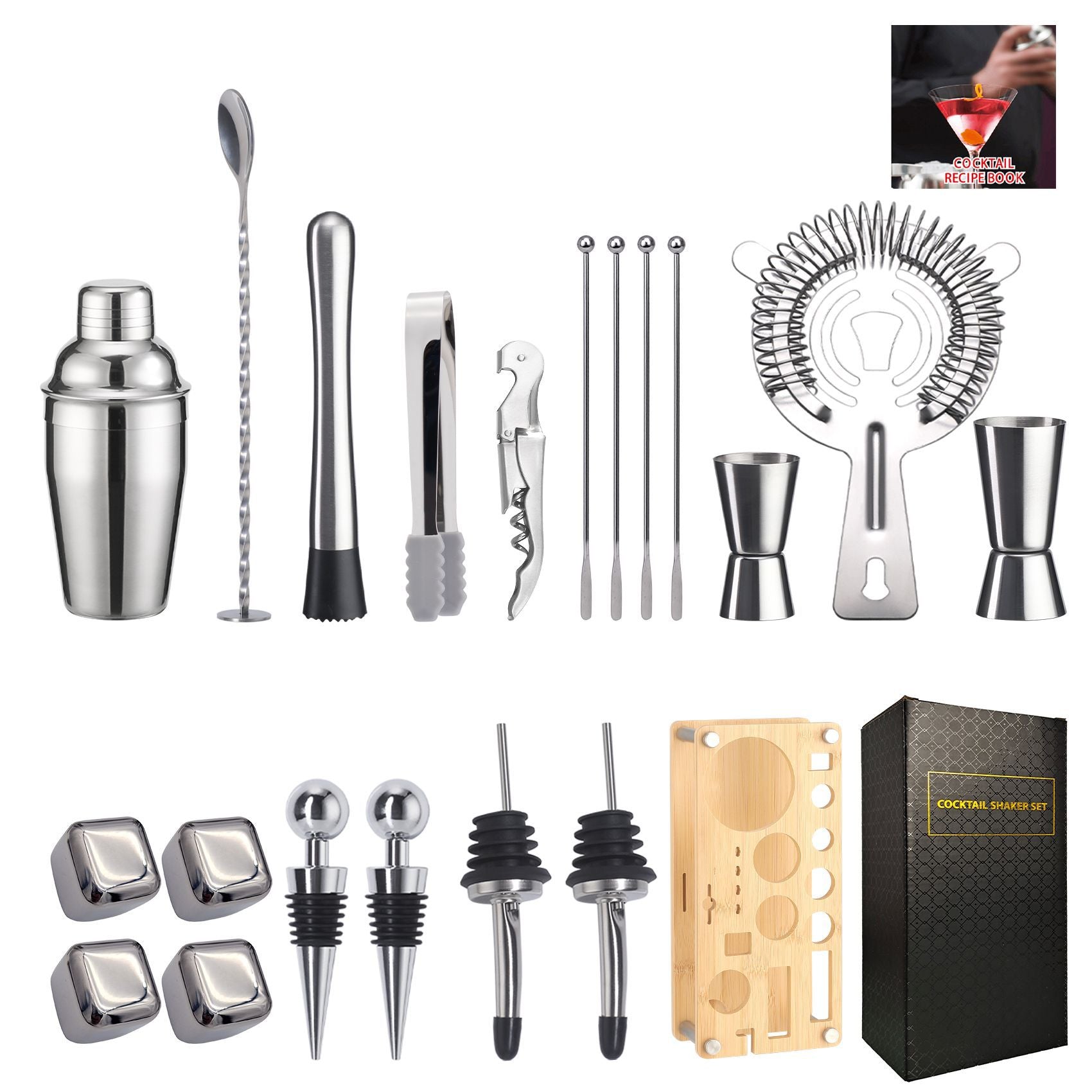 Cross-Border In-Stock New Detachable Bamboo Rack Cocktail Shaker Bar Tools 20-Piece Set with Wine Stones