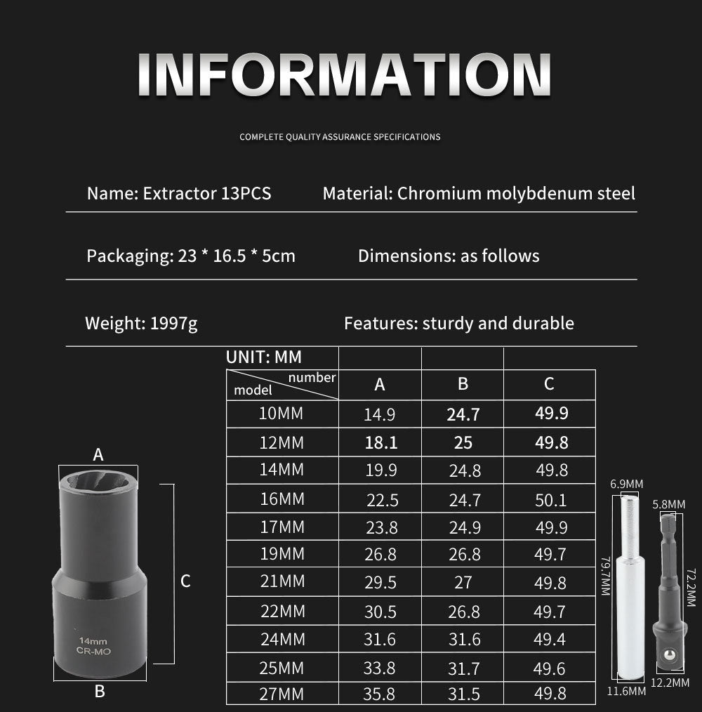 13Damaged Rusty Nut Tire Screw Extractor Removal Tool Large Extended Socket Set Anti-Thread