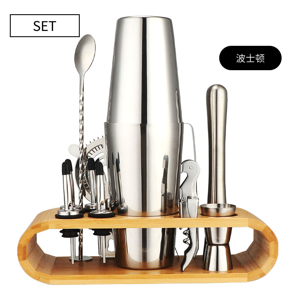 Cocktail shaker set of 12PCs stainless steel elliptical bamboo rack