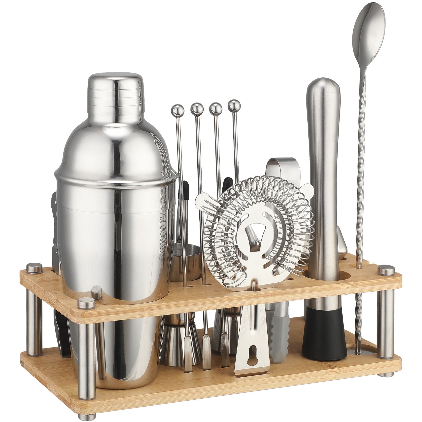 Cross-Border In-Stock New Detachable Bamboo Rack Cocktail Shaker Bar Tools 20-Piece Set with Wine Stones