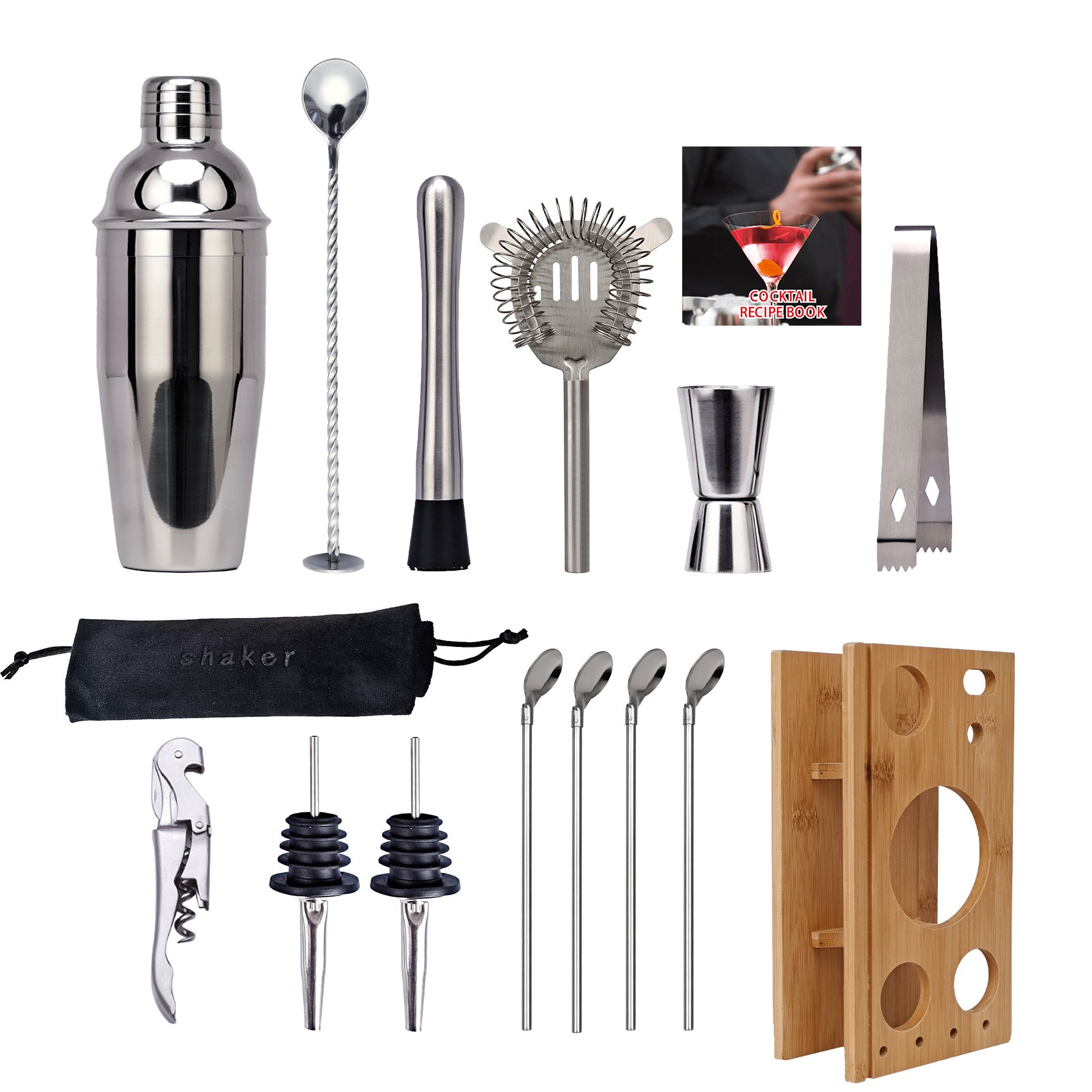 16 Piece Cocktail Shaker Set with Storage Rack Bar Tools Japanese Style