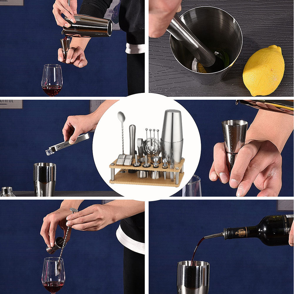 Cross-Border In-Stock New Detachable Bamboo Rack Cocktail Shaker Bar Tools 20-Piece Set with Wine Stones