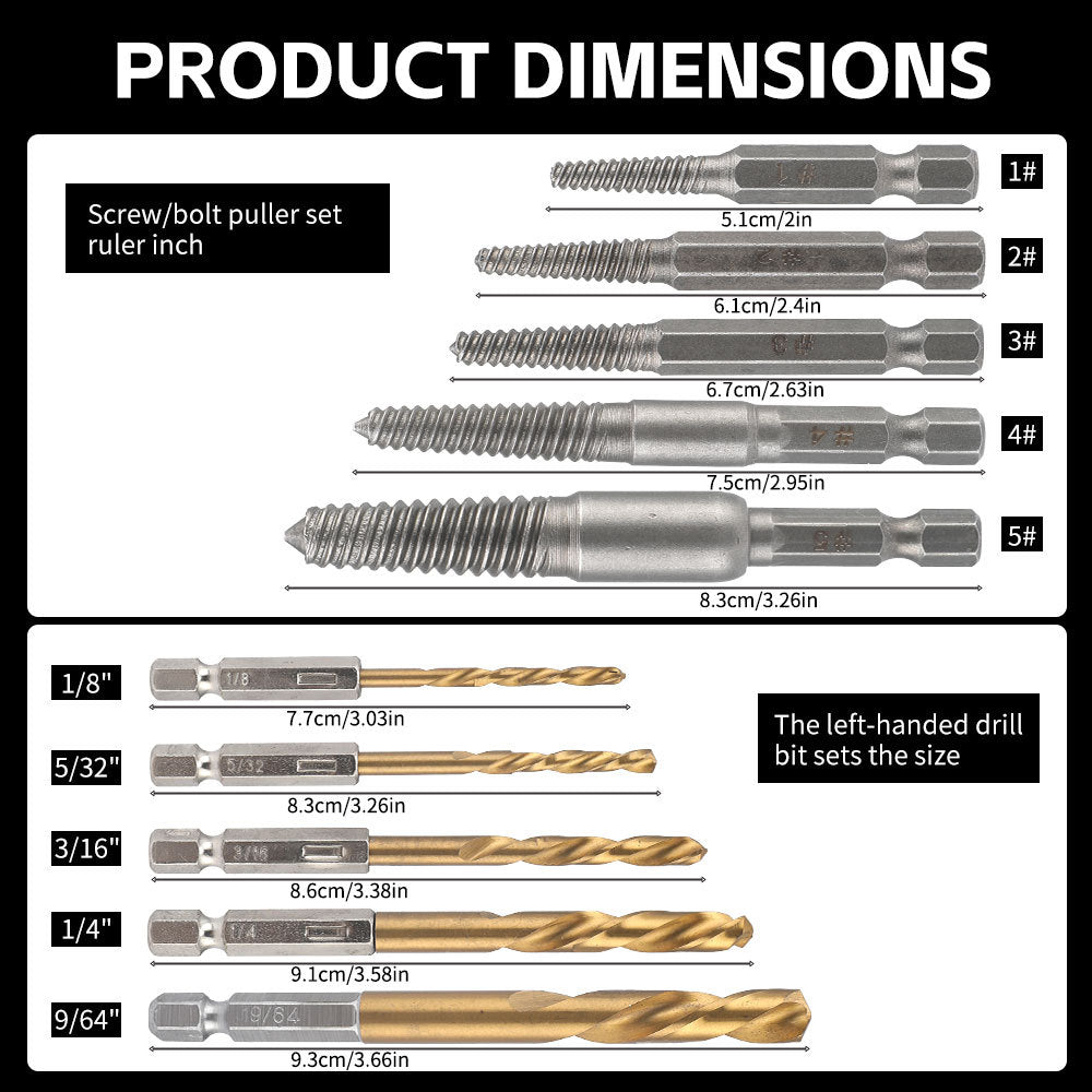 Hex Shank Screw Extractor Set, Inch Hex Shank Titanium Coated Twist Drill Bit Set, Reverse Thread Extractor Set