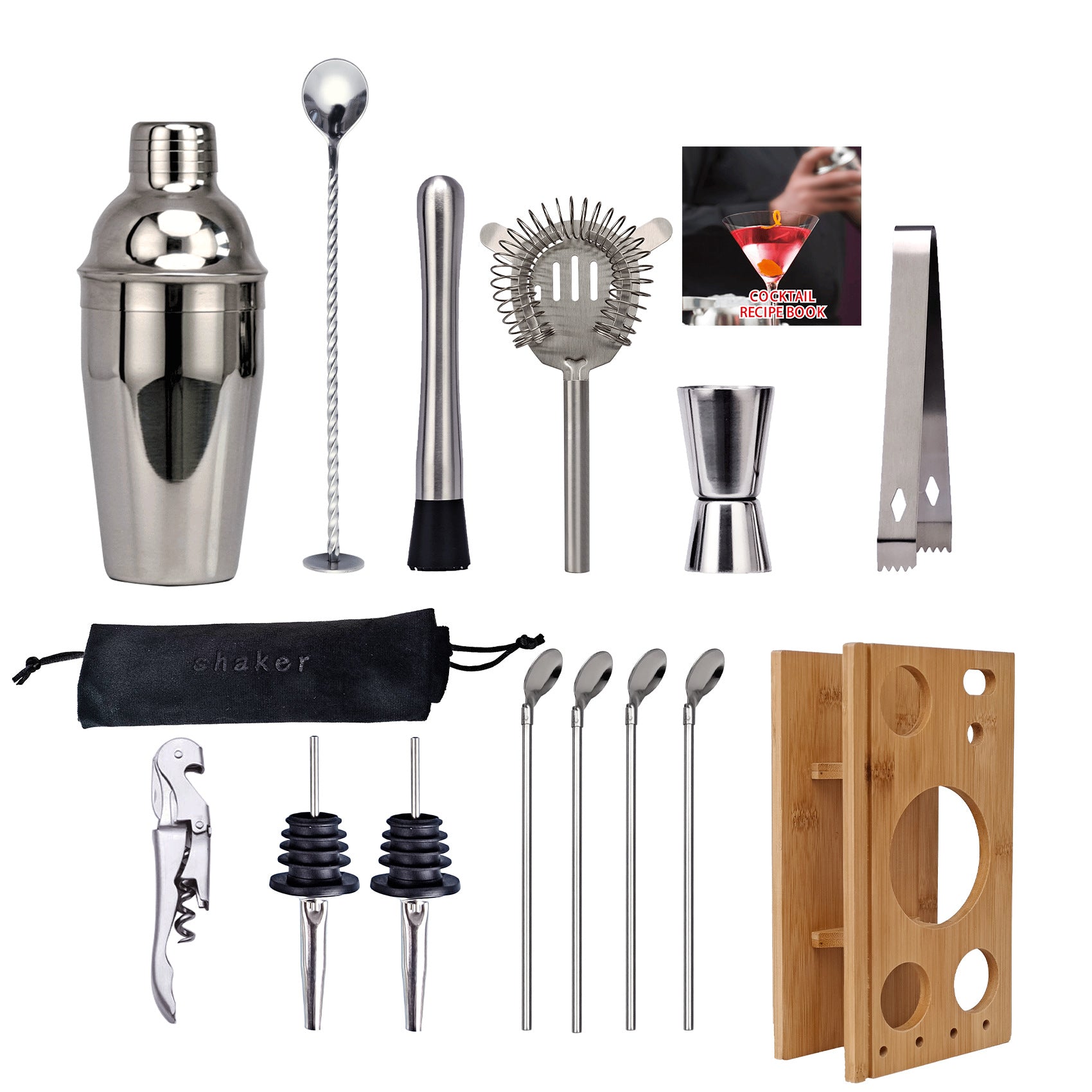 16 Piece Cocktail Shaker Set with Storage Rack Bar Tools Japanese Style