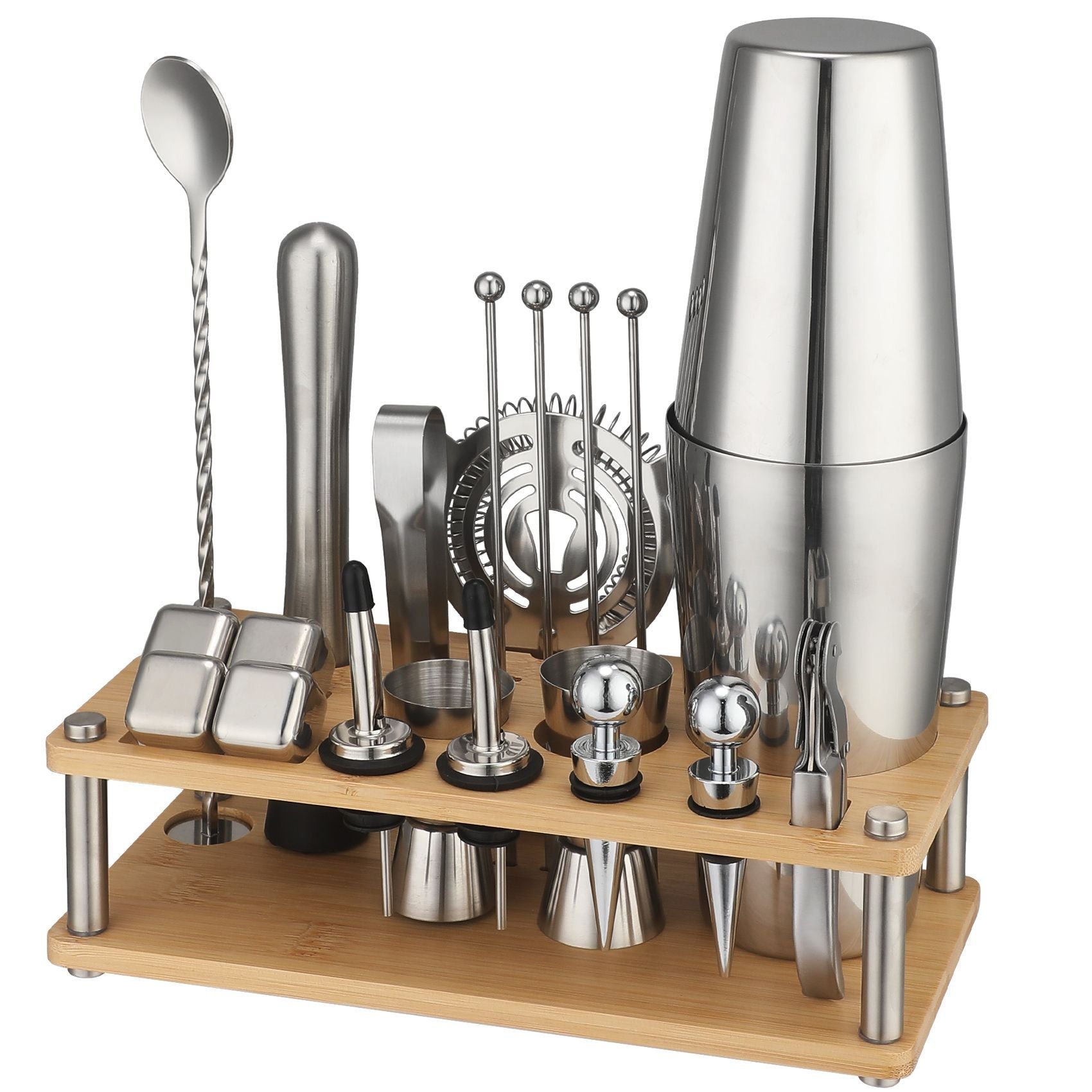 Cross-Border In-Stock New Detachable Bamboo Rack Cocktail Shaker Bar Tools 20-Piece Set with Wine Stones