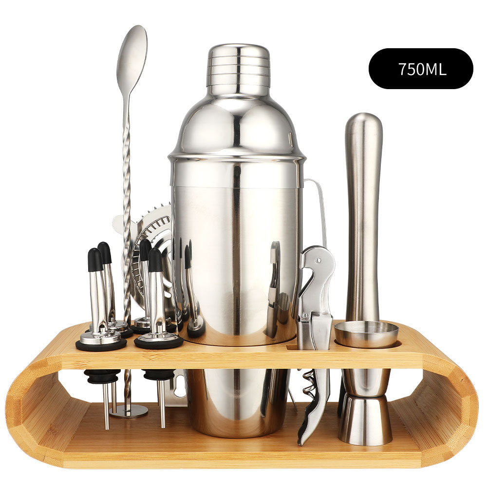 Cocktail shaker set of 12PCs stainless steel elliptical bamboo rack