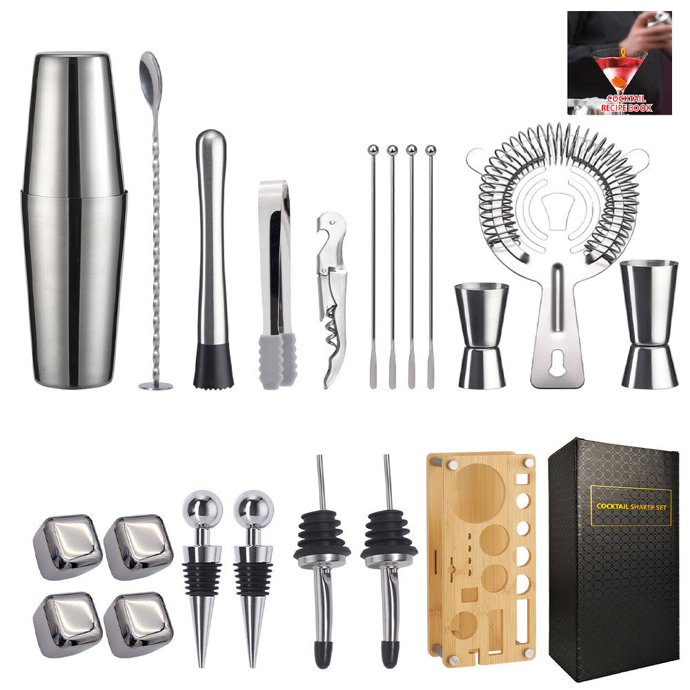 Cross-Border In-Stock New Detachable Bamboo Rack Cocktail Shaker Bar Tools 20-Piece Set with Wine Stones