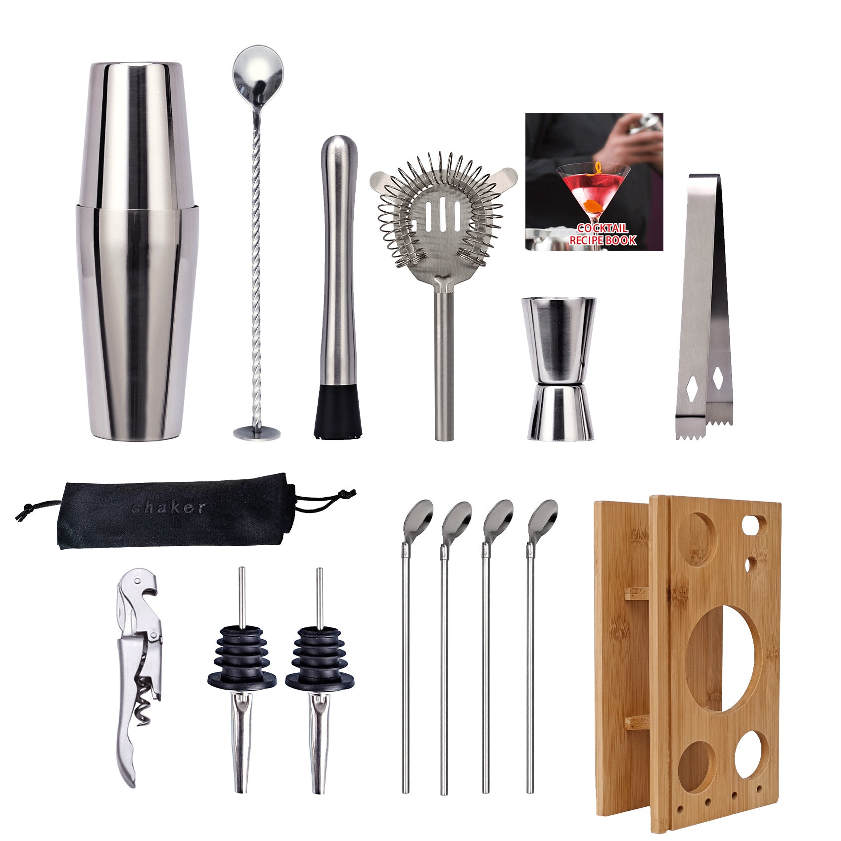 16 Piece Cocktail Shaker Set with Storage Rack Bar Tools Japanese Style