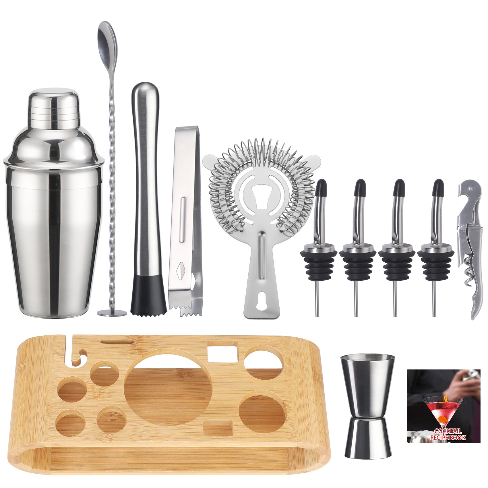 Cocktail shaker set of 12PCs stainless steel elliptical bamboo rack