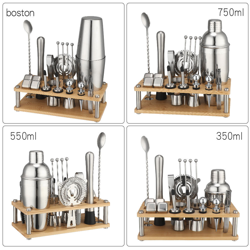 Cross-Border In-Stock New Detachable Bamboo Rack Cocktail Shaker Bar Tools 20-Piece Set with Wine Stones