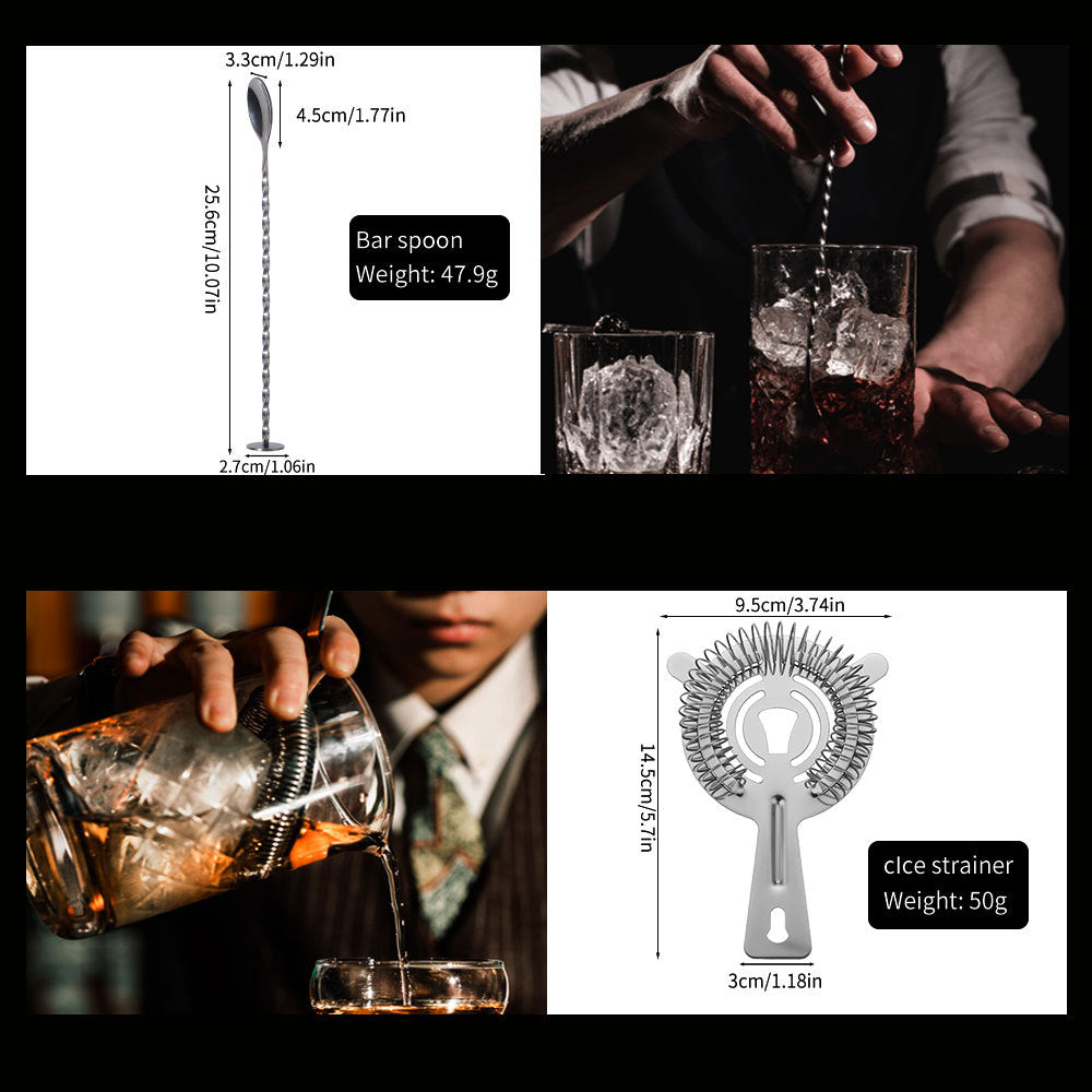 Cocktail shaker set of 12PCs stainless steel elliptical bamboo rack