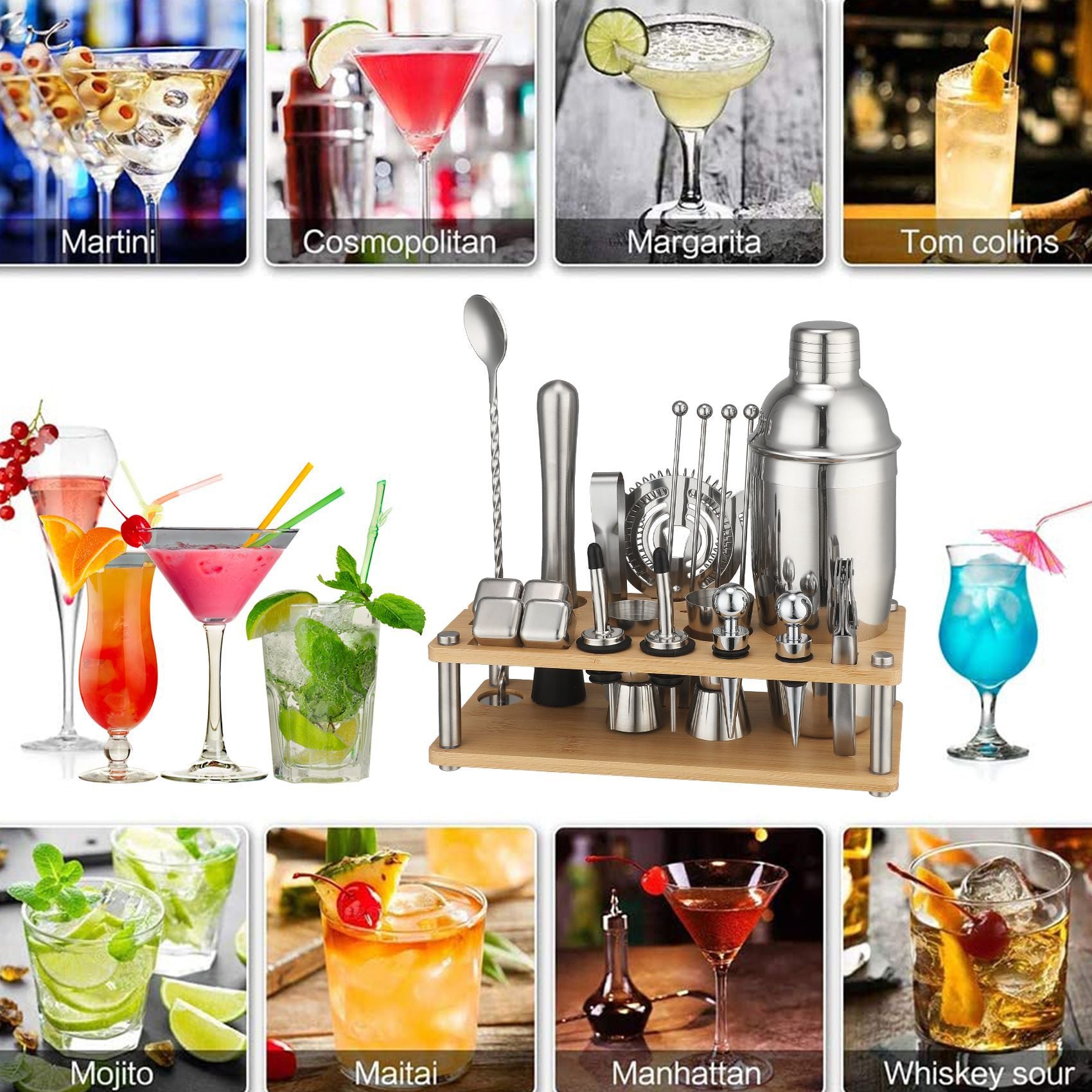 Cross-Border In-Stock New Detachable Bamboo Rack Cocktail Shaker Bar Tools 20-Piece Set with Wine Stones