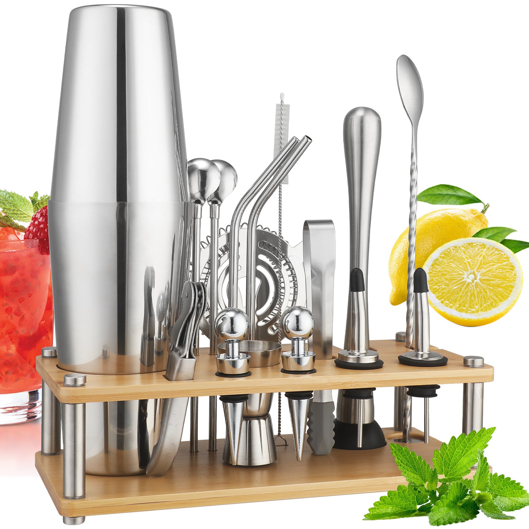 New Imitation Bamboo Rack Acrylic Set Cocktail Shaker Bar Tools 17-Piece Set Shaker Straw