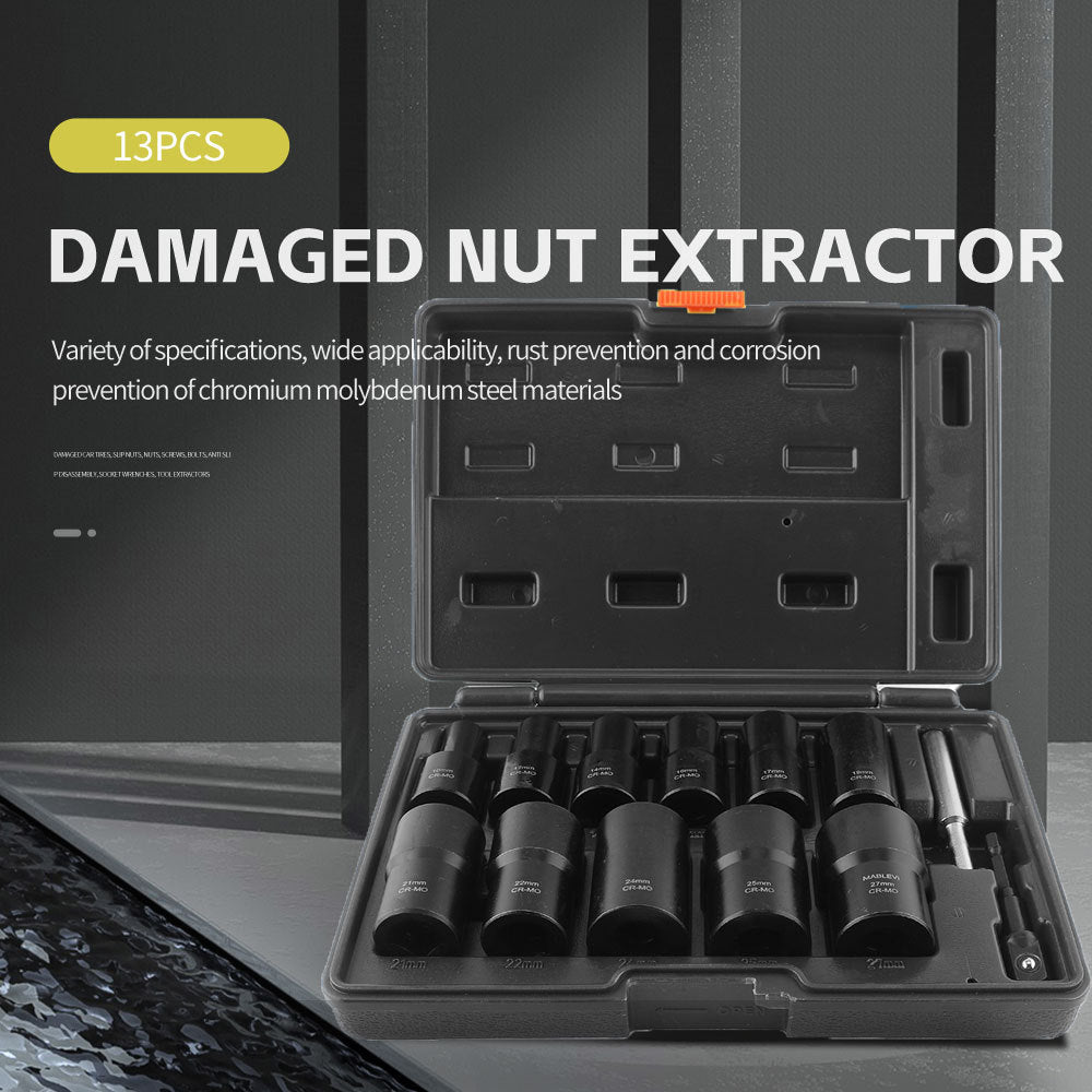 13Damaged Rusty Nut Tire Screw Extractor Removal Tool Large Extended Socket Set Anti-Thread