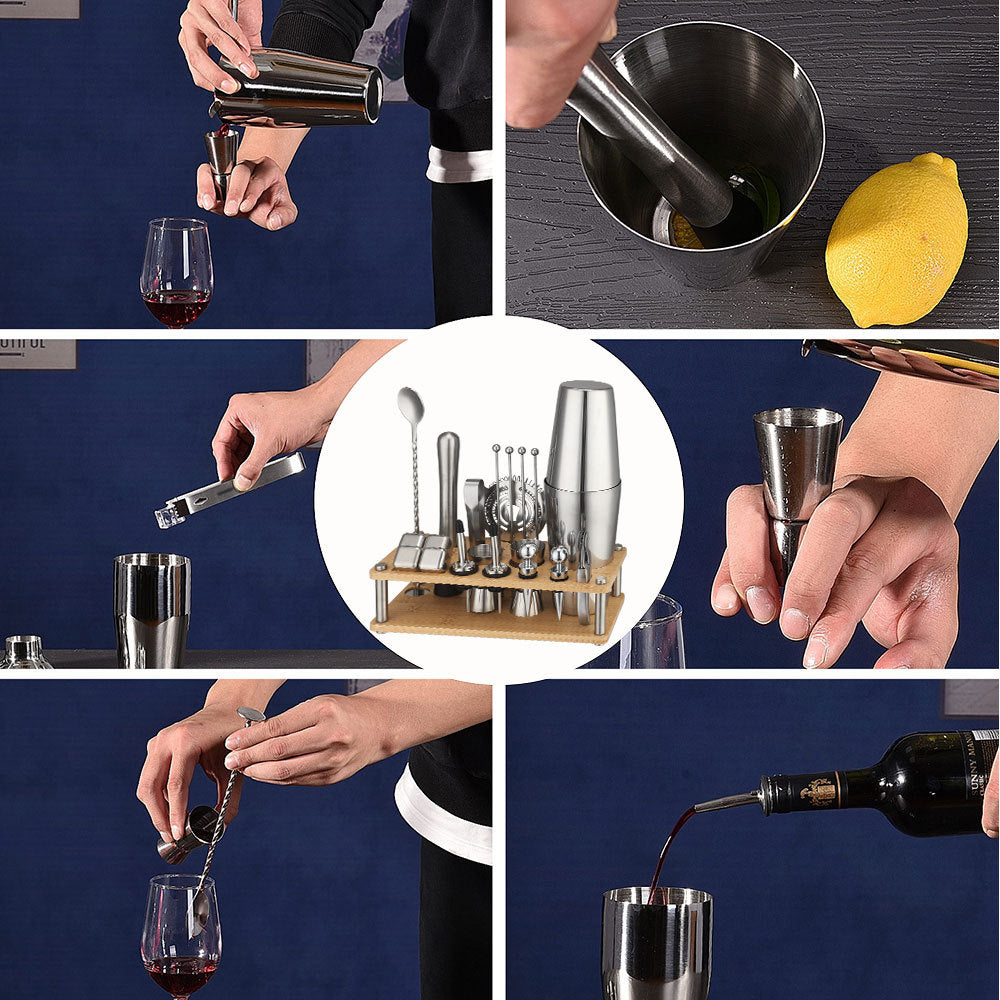 Cross-Border In-Stock New Detachable Bamboo Rack Cocktail Shaker Bar Tools 20-Piece Set with Wine Stones