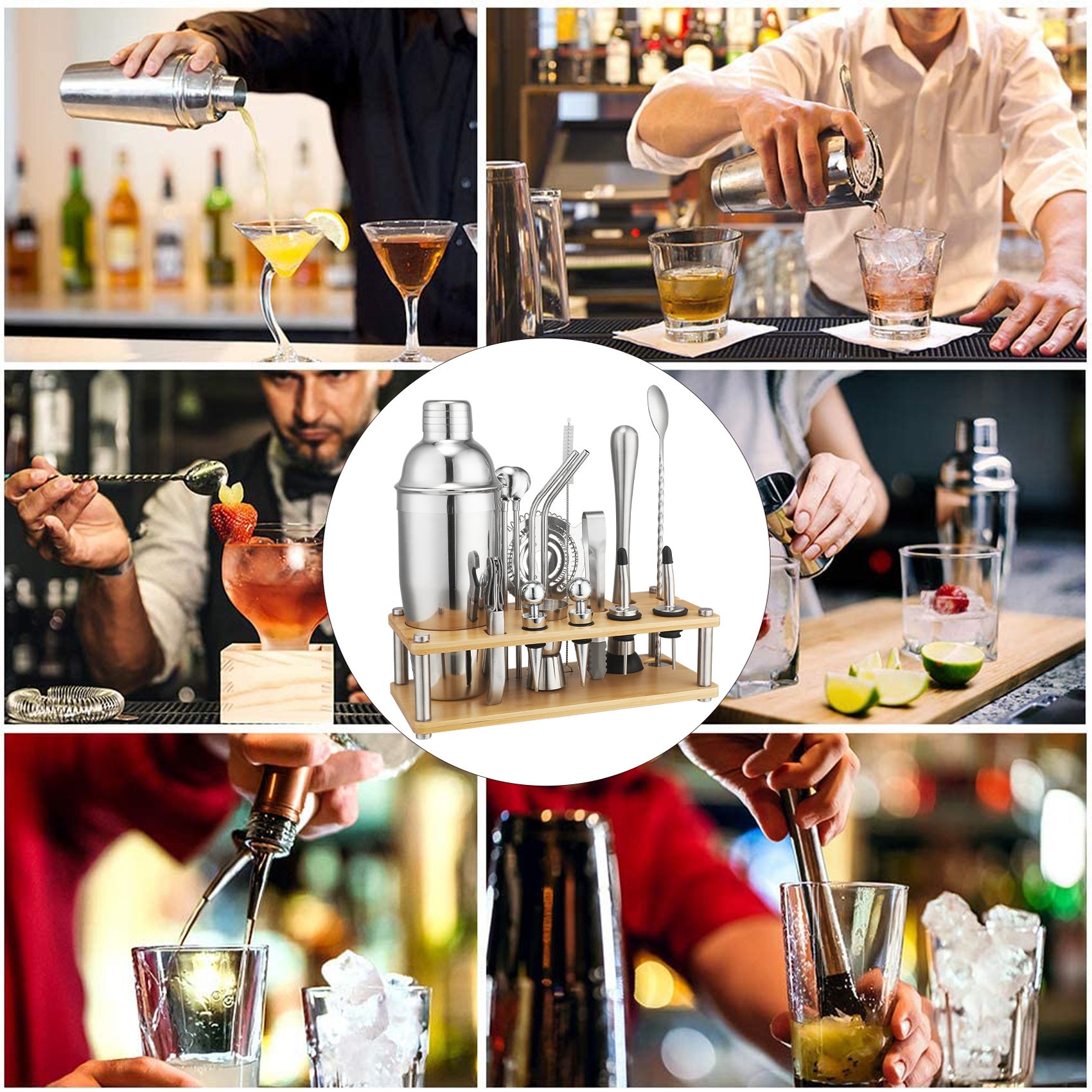 New Imitation Bamboo Rack Acrylic Set Cocktail Shaker Bar Tools 17-Piece Set Shaker Straw