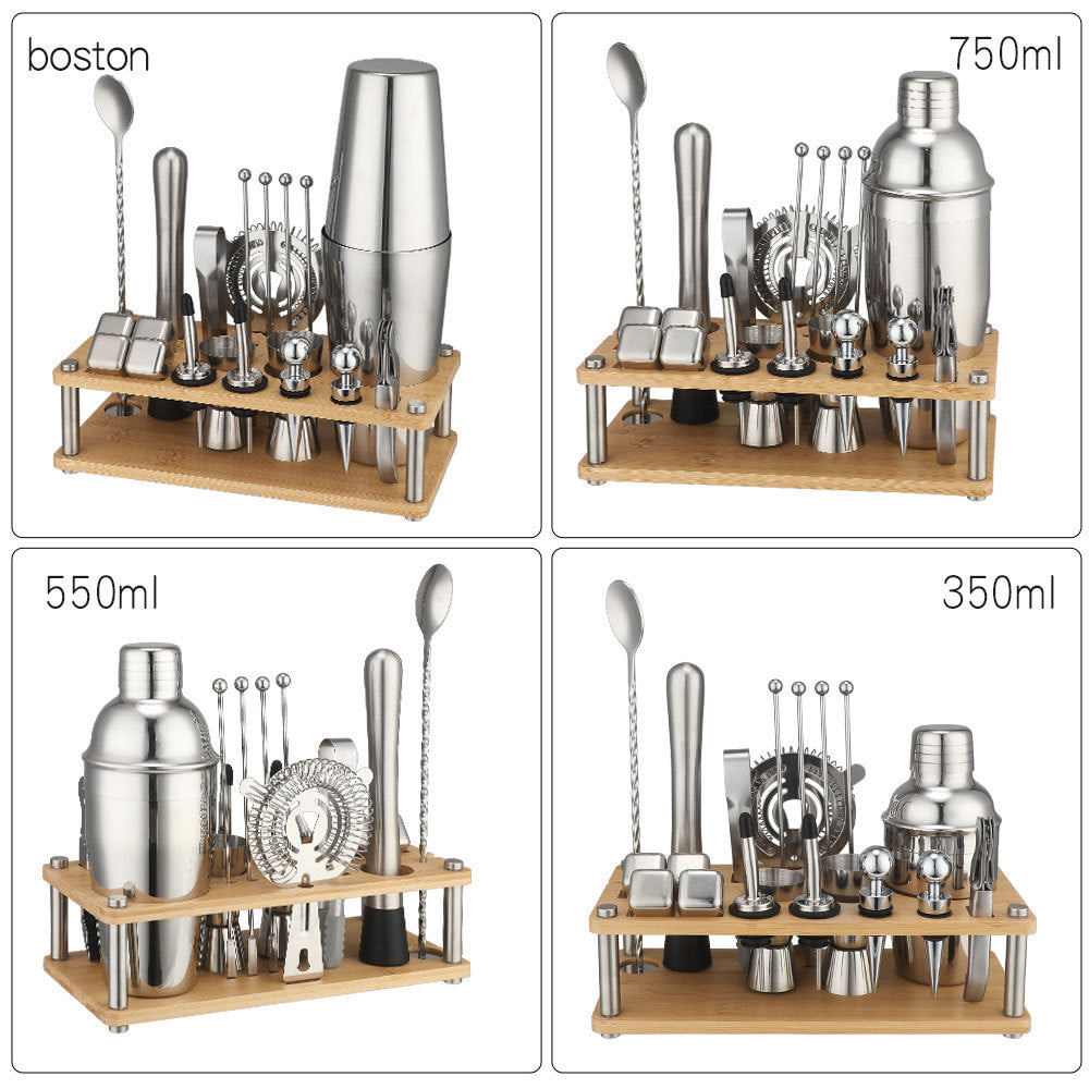 Cross-Border In-Stock New Detachable Bamboo Rack Cocktail Shaker Bar Tools 20-Piece Set with Wine Stones