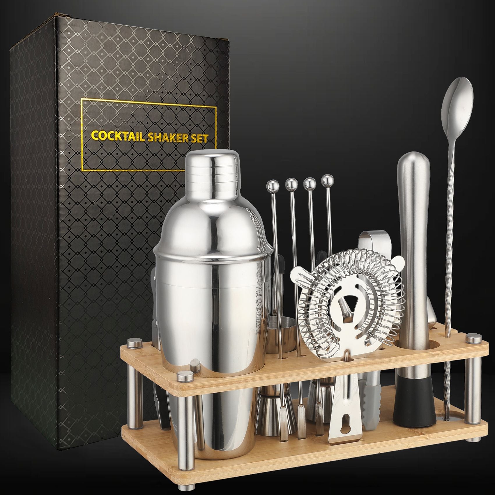 Cross-Border In-Stock New Detachable Bamboo Rack Cocktail Shaker Bar Tools 20-Piece Set with Wine Stones