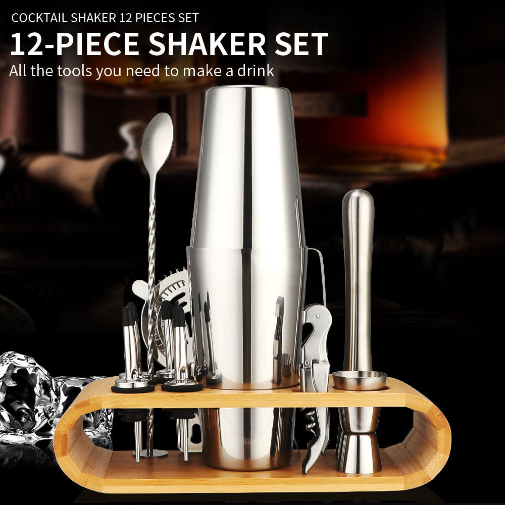 Cocktail shaker set of 12PCs stainless steel elliptical bamboo rack