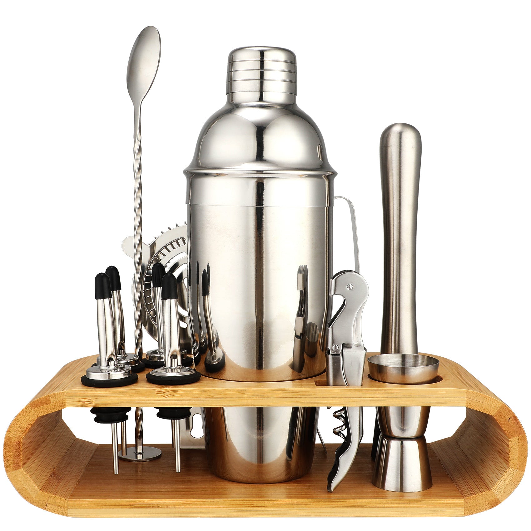 Cocktail shaker set of 12PCs stainless steel elliptical bamboo rack
