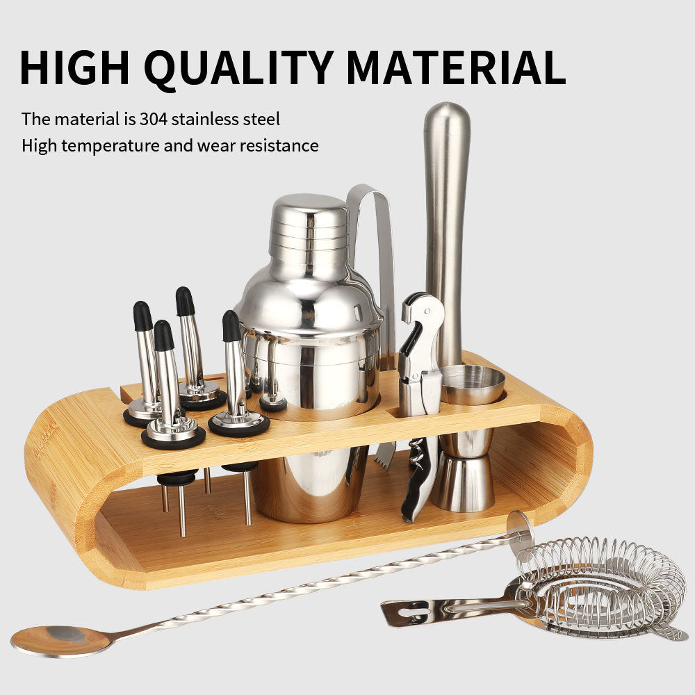 Cocktail shaker set of 12PCs stainless steel elliptical bamboo rack
