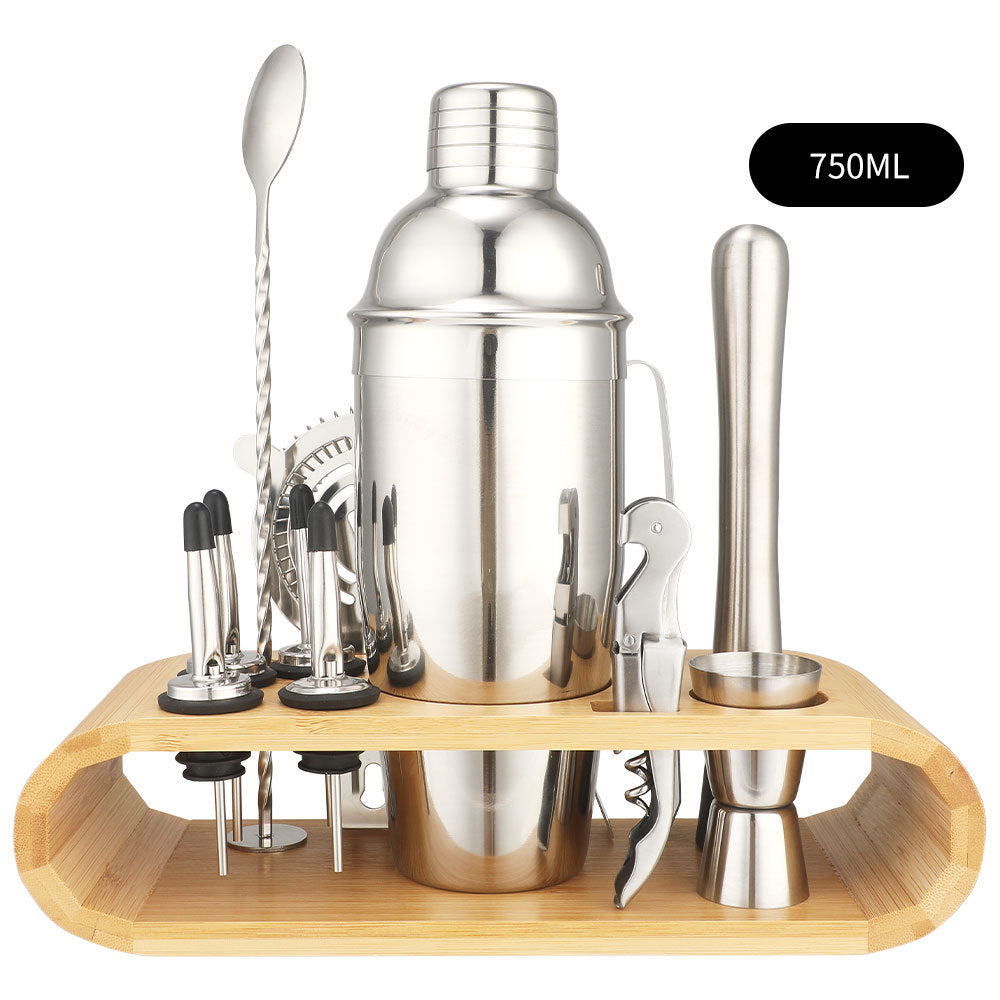 Cocktail shaker set of 12PCs stainless steel elliptical bamboo rack
