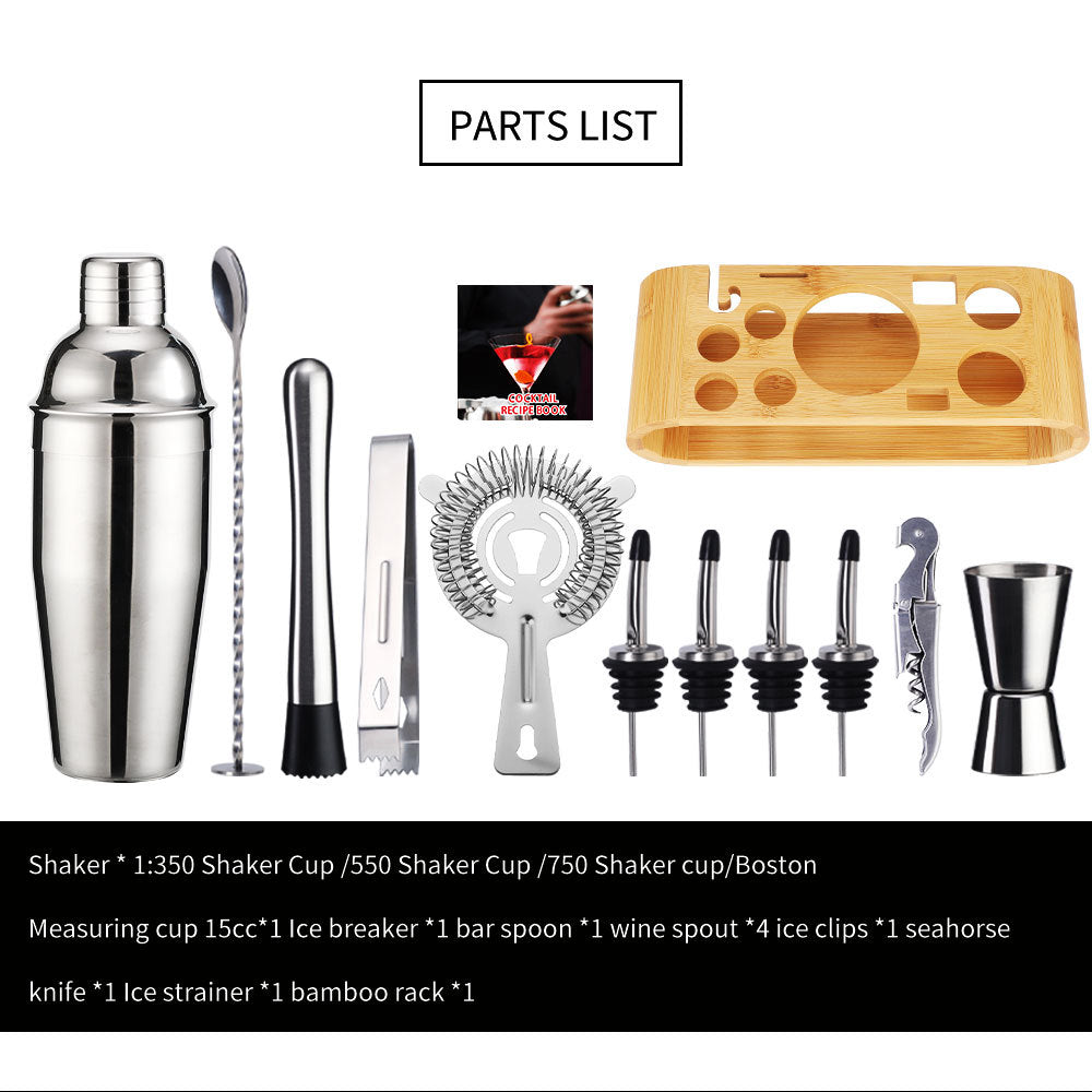Cocktail shaker set of 12PCs stainless steel elliptical bamboo rack