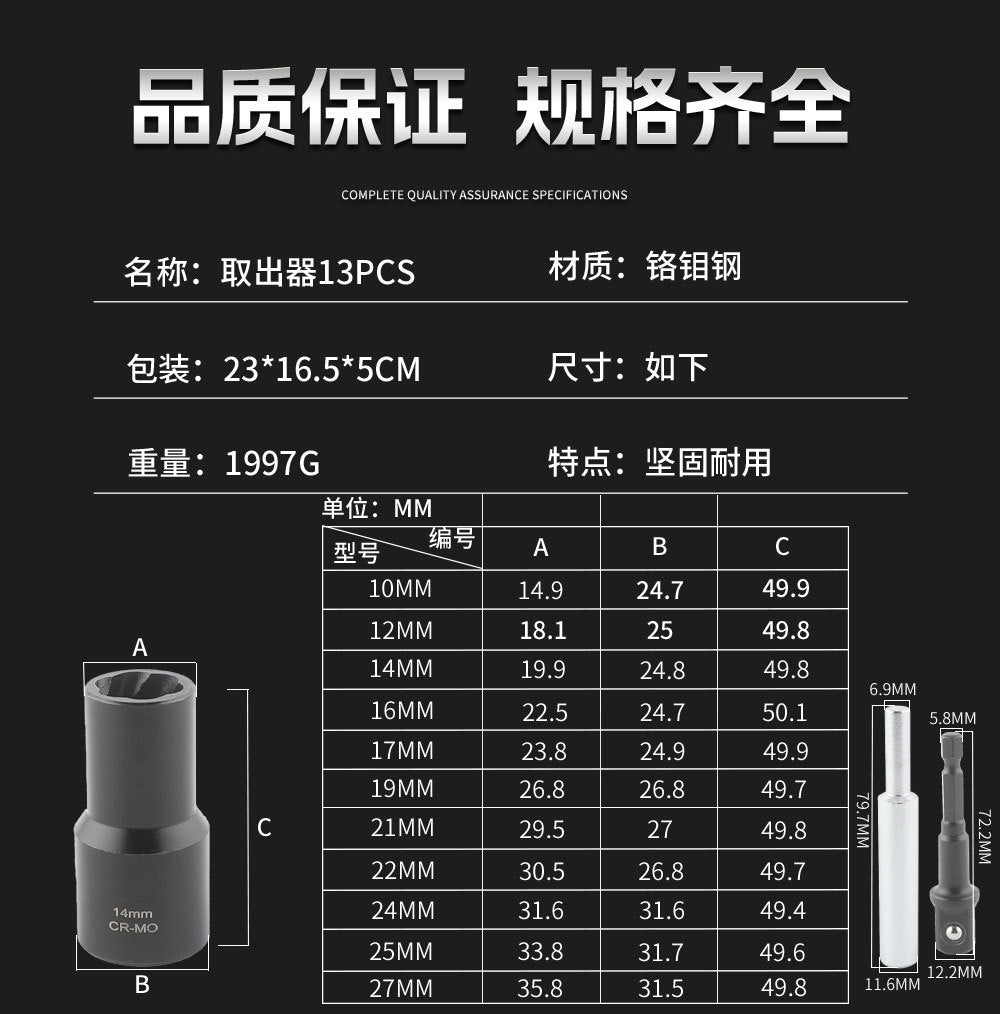 13Damaged Rusty Nut Tire Screw Extractor Removal Tool Large Extended Socket Set Anti-Thread