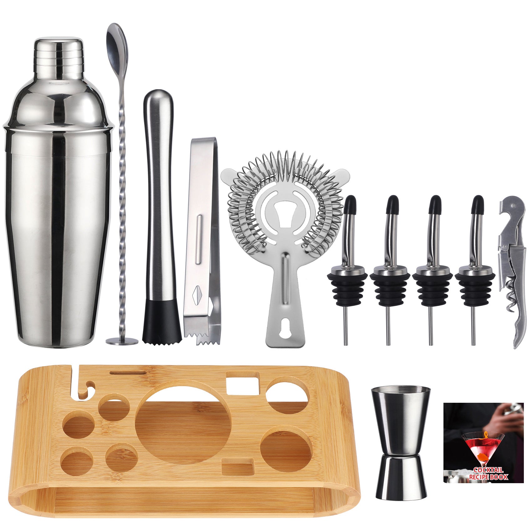 Cocktail shaker set of 12PCs stainless steel elliptical bamboo rack