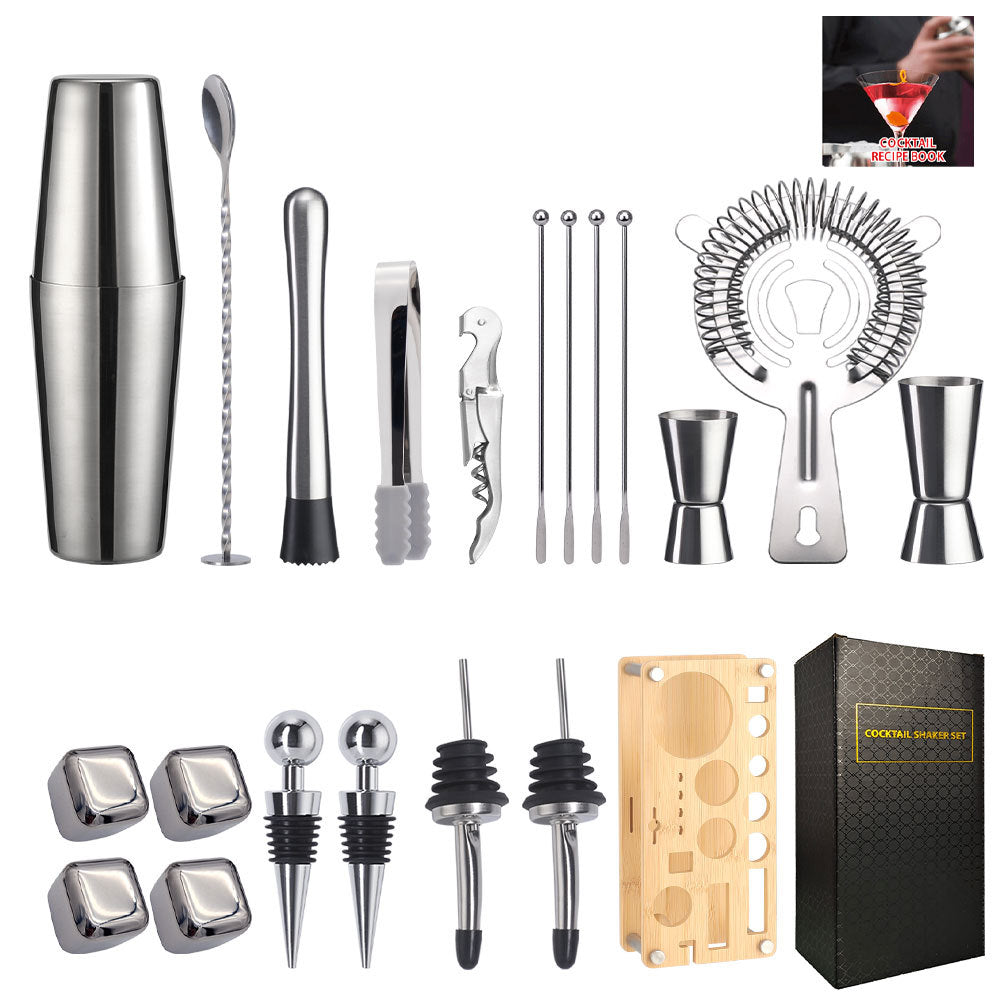 Cross-Border In-Stock New Detachable Bamboo Rack Cocktail Shaker Bar Tools 20-Piece Set with Wine Stones