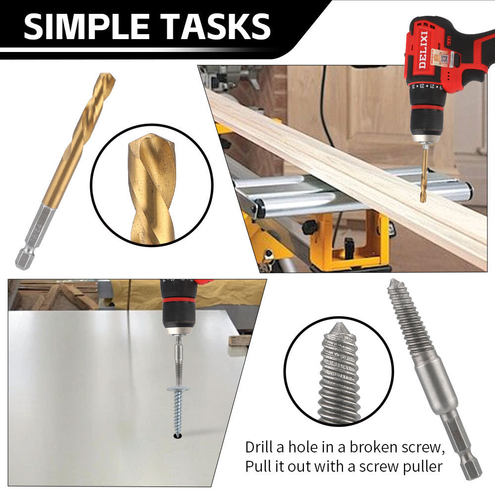 Hex Shank Screw Extractor Set, Inch Hex Shank Titanium Coated Twist Drill Bit Set, Reverse Thread Extractor Set