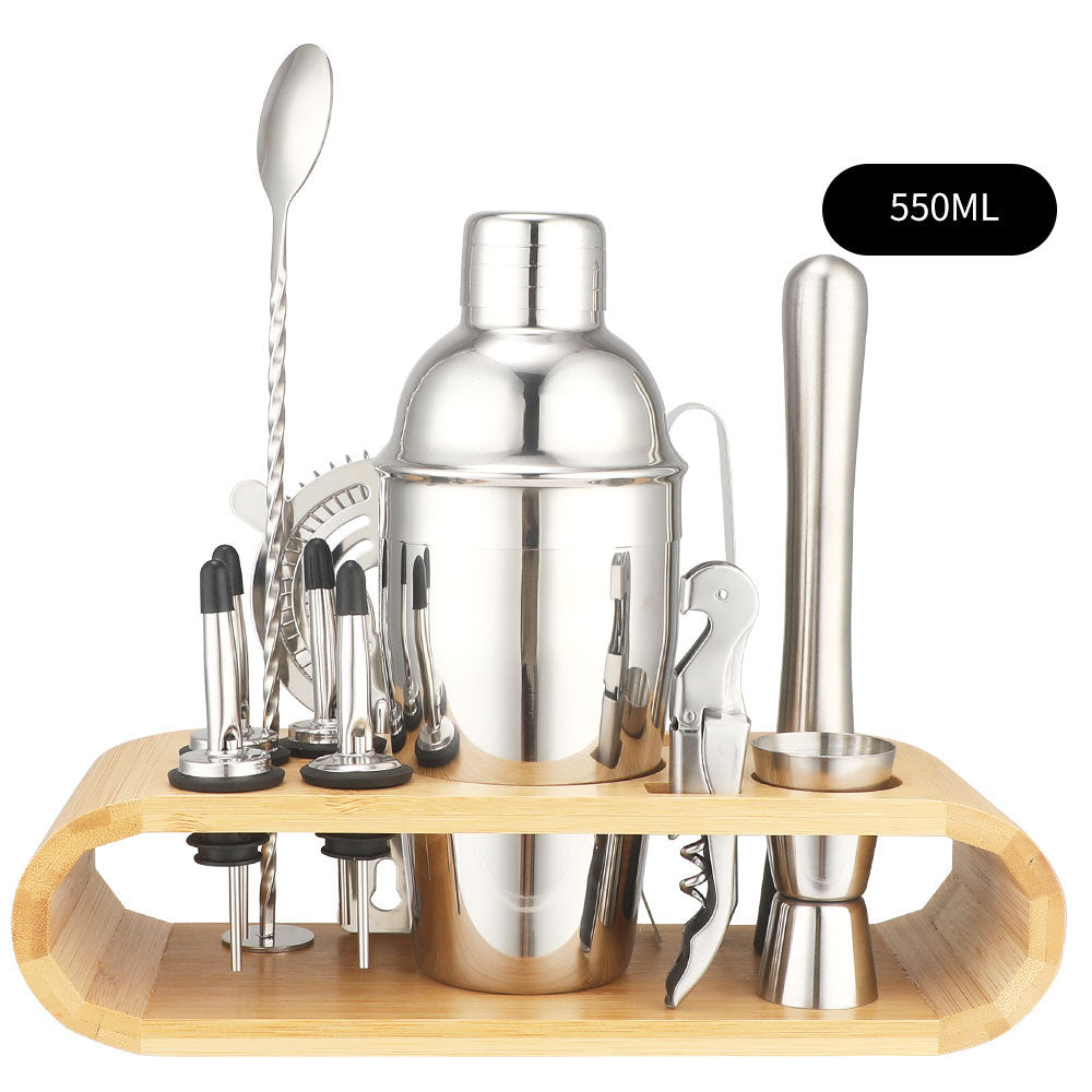 Cocktail shaker set of 12PCs stainless steel elliptical bamboo rack