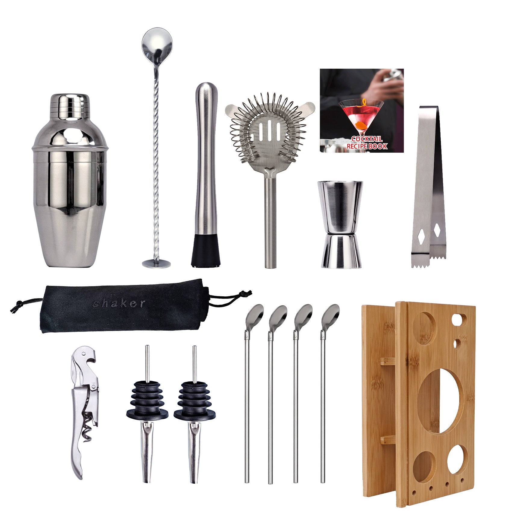 16 Piece Cocktail Shaker Set with Storage Rack Bar Tools Japanese Style