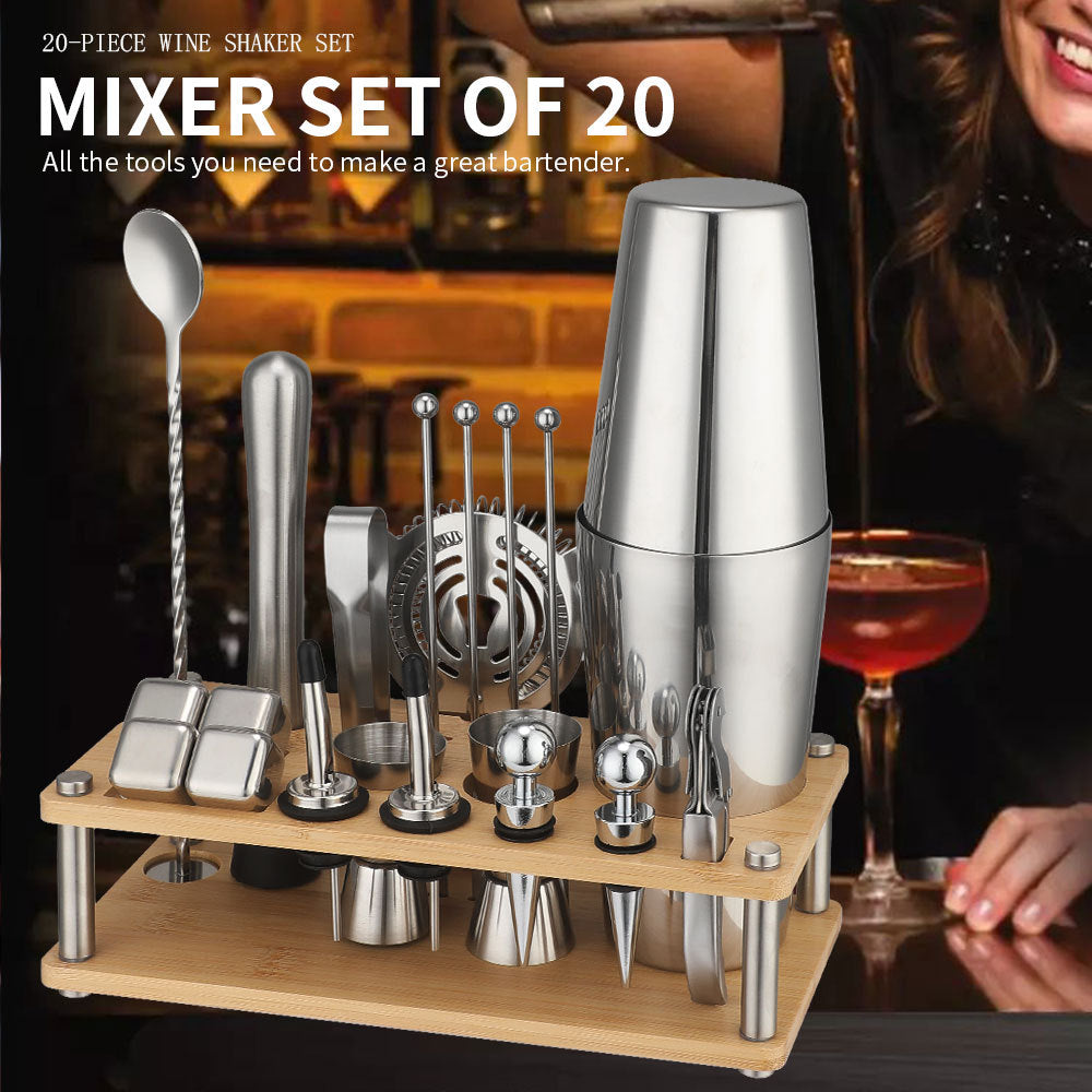 Cross-Border In-Stock New Detachable Bamboo Rack Cocktail Shaker Bar Tools 20-Piece Set with Wine Stones
